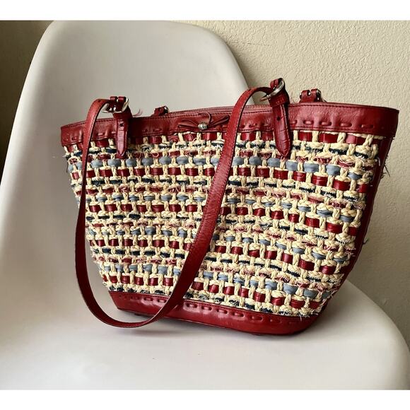 BRIGHTON Woven Red Leather Trim Tote Bag Heart Charm Paisley America RWB USA - Picture 1 of 16
